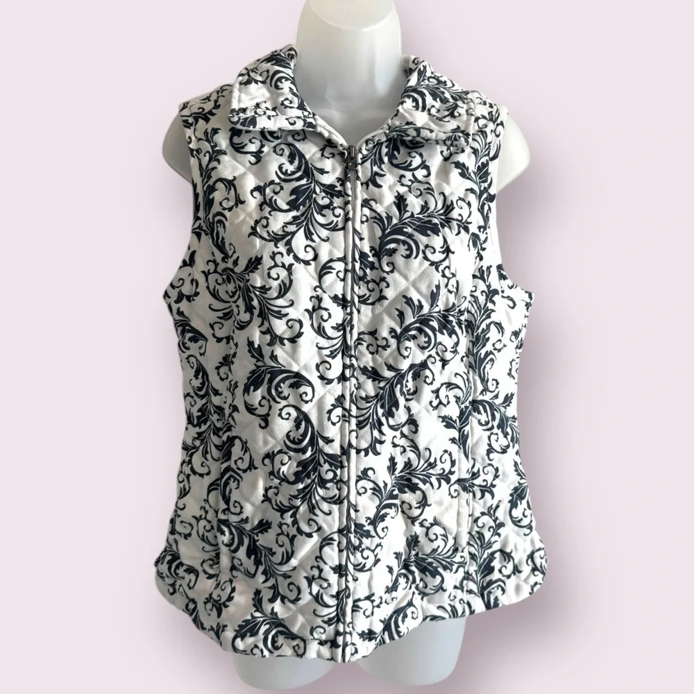 Croft & Barrow Black White Pattern Zip Vest Sleeveless Size S